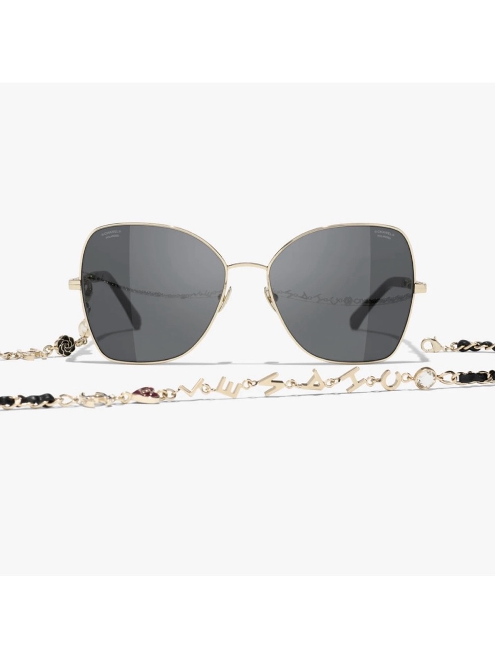 CHANEL Gold Frame Sunglasses with Dark Gray Lenses and Logo Chain